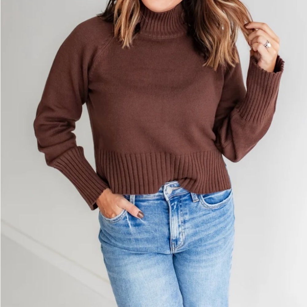 Brown Ribbed Turtleneck Sweater